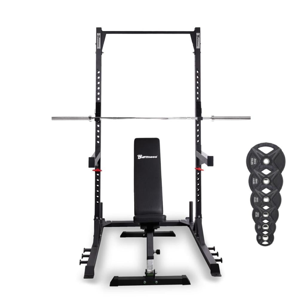 Kit De Rack De Entrenamiento Unifitness Barra+ Discos+ Banco