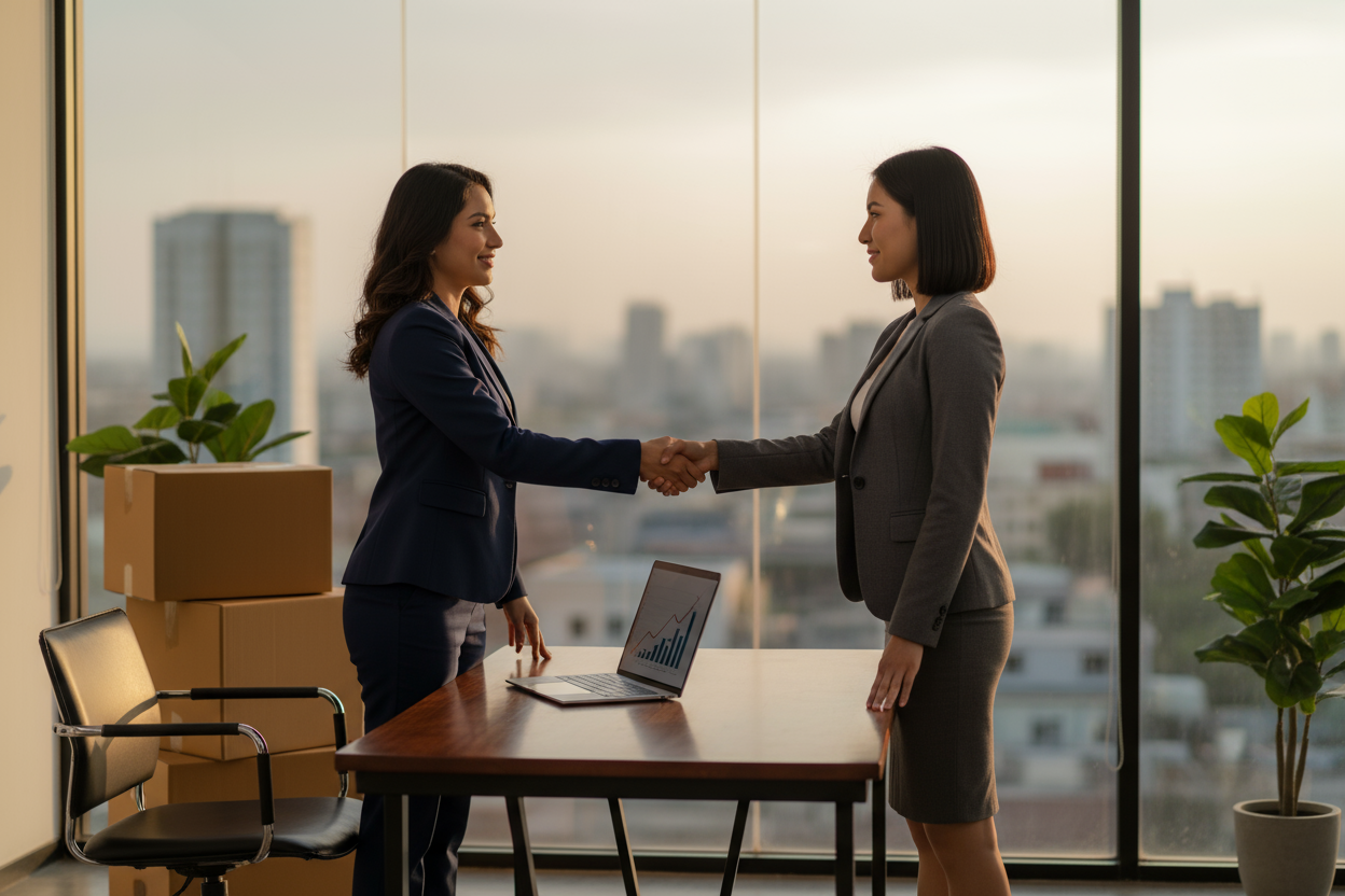 Dos mujeres platicando en una oficina como cerrando un negocio, el aspecto debe ser de mujeres mexicanas ejecutivas, que se vea una computadora en el escritorio y cajas de cartón grandes al fondo