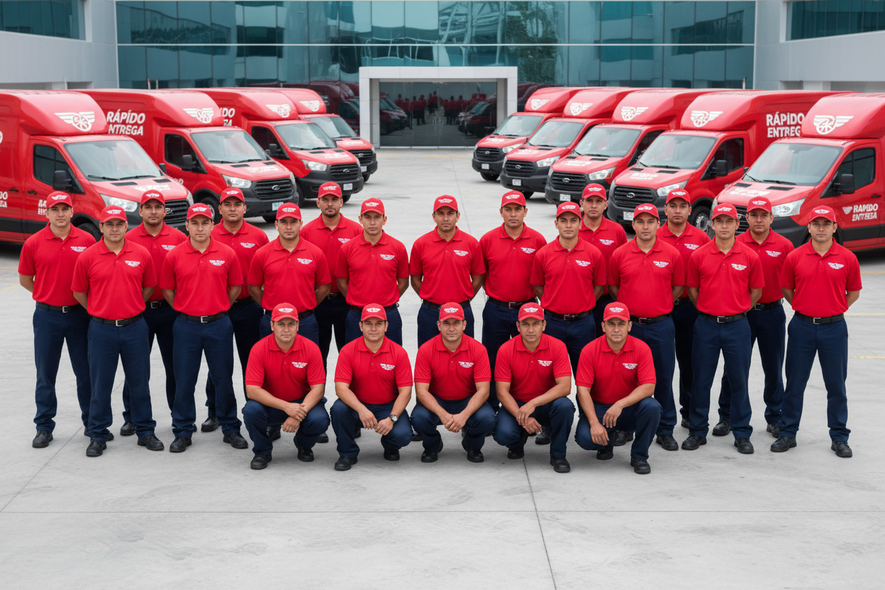 un grupo de empleados hombre de una empresa de paquetería con playera tipo polo roja y gorra roja con el aspecto de mexicanos, que se vea institucional la formación y de fondo camionetas para entrega. 